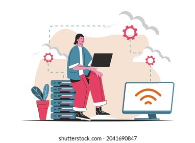 Cloud Computing Concept Isolated. Wireless Cloud Technology, Storage, Connection. People Scene In Flat Cartoon Design. Vector Illustration For Blogging, Website, Mobile App, Promotional Materials.