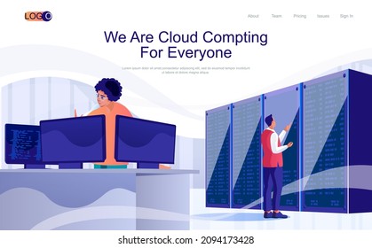 Cloud computing concept isometric landing page. People working in tech support in data center racks room, data storage, hosting, 3d web banner. Vector illustration in flat design for website template