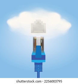 Cloud computing concept. Lan cable, RJ45 and TCPIP is connected to the cloud. Vector illustration.