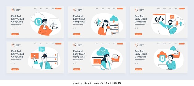 Concepto de computación en la nube de la página de destino con Plantillas de diapositivas en diseño plano. Los encabezados de Sitio web con personas hacen sincronización en línea, trabajan con archivos digitales y usan almacenamiento en la nube. Ilustraciones vectoriales.