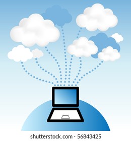 Cloud computing concept. Laptop computer communicating with resources located in the “cloud”.