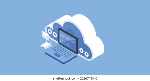 Cloud computing concept, laptop connected to cloud server, cloud data storage - 3D style isometric vector illustration with icons