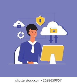 Cloud computing-concept. Man werkt op computer, uploadt bestanden om cloudopslag te beveiligen en maakt gebruik van databaseservice