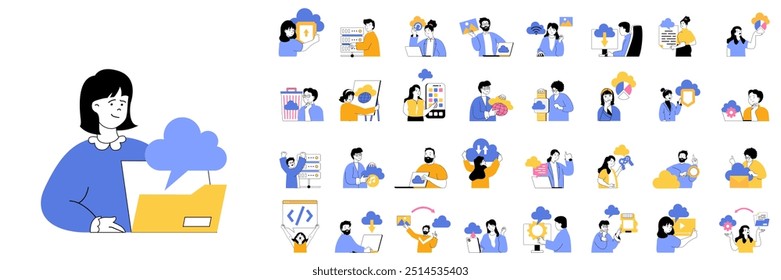 Cloud computing concept mega set with character scenes in flat design for web. Bundle situations with people doing online sync, working with digital files, using cloud storage. Vector illustrations.