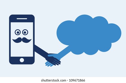 Cloud computing concept. Mobile phone makes contact with a cloud server. Hand shake