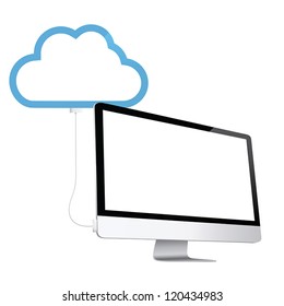 Cloud computing concept with modern pc connected to abstract cloud