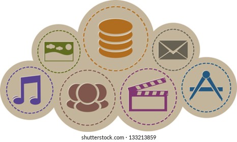 Cloud computing concept. Multimedia, mail, apps, database, social icons inside the cloud
