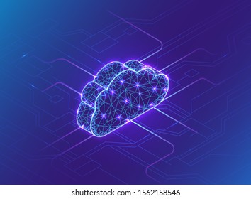 Cloud computing concept, neon light, connection in neural network, isometric vector technolodgy background, high tech modern blue design