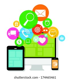 Cloud Computing Concept on Different Electronic Devices. Vector Illustration 