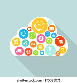 Cloud Computing Concept on Different Electronic Devices. Vector Illustration 