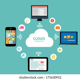 Cloud Computing Concept on Different Electronic Devices. Vector Illustration