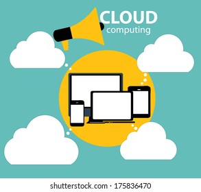 Cloud Computing Concept on Different Electronic Devices. Vector Illustration