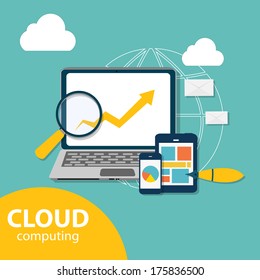 Cloud Computing Concept on Different Electronic Devices. Vector Illustration