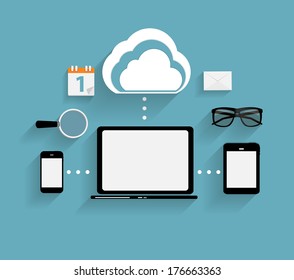 Cloud Computing Concept on Different Electronic Devices. Vector Illustration 