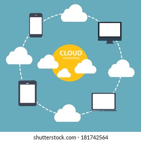 Cloud Computing Concept on Different Electronic Devices. Vector Illustration