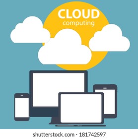 Cloud Computing Concept on Different Electronic Devices. Vector Illustration