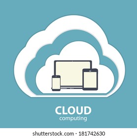 Cloud Computing Concept on Different Electronic Devices. Vector Illustration