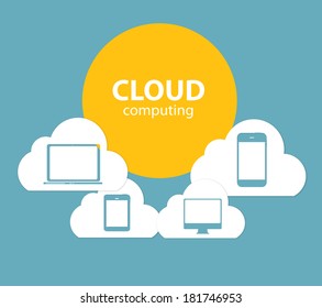 Cloud Computing Concept on Different Electronic Devices. Vector Illustration 