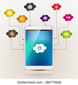 Cloud Computing Concept on Electronic Device tablet. Vector Illustration