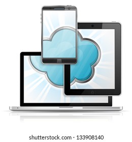 Cloud Computing Concept - Cloud on Screen Tablet PC, Smartphone and Laptop, vector icon isolated on white background