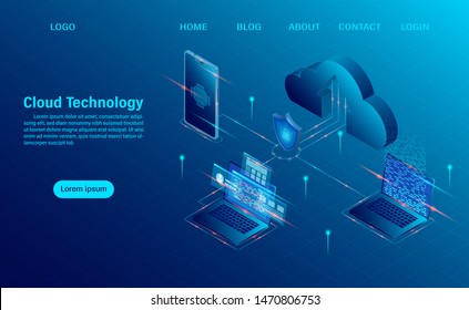 Cloud Computing Concept. Online computing technology. Big data flow processing concept, 3d servers and datacenter. isometric flat design. Vector illustration.
