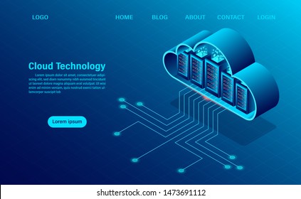 Cloud Computing Concept. Online computing technology. Big data flow processing concept, 3d servers and datacenter. isometric flat design. Vector illustration.