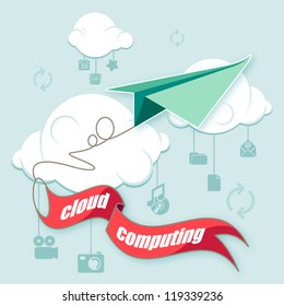 Cloud computing concept. A origami airplane is flying in the cloudy sky and different contents are hosted in the clouds.