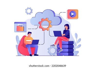Cloud computing concept with people scene. Man and woman processing information at laptops using cloud technology, data storage and backup. Vector illustration with characters in flat design for web