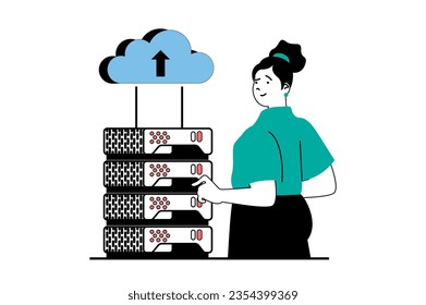 Cloud computing concept with people scene in flat web design. Woman working and administering at server rack room, monitoring hardware. Vector illustration for social media banner, marketing material.