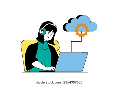 Cloud computing concept with people scene in flat web design. Woman making optimization and settings using backup files at laptop. Vector illustration for social media banner, marketing material.
