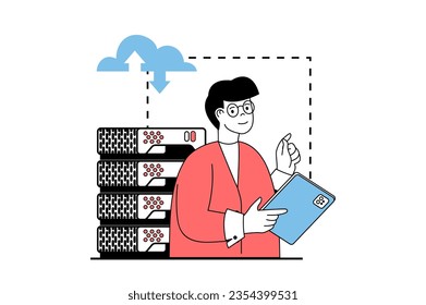 Cloud computing concept with people scene in flat web design. Man working as administrator in server room and monitoring hardware. Vector illustration for social media banner, marketing material.