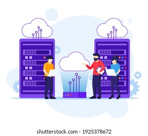 Cloud Computing concept, People working on laptop and server, Digital storage, data center vector illustration