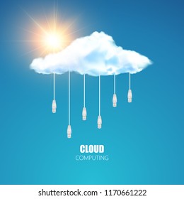 Cloud computing concept photorealistic vector concept or symbol connect with network cable on blue background
