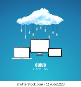 Cloud computing concept photorealistic vector concept or symbol connect with network cable on blue background