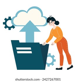 Cloud computing concept. Professional woman integrates technology with business. Data upload and processing. Flat vector illustration