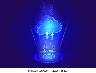 Concepto de computación en nube, carga y descarga de datos de almacenamiento en la nube a través de Internet Infographic, tecnología en la nube 3D, icono de privacidad Padlock y fondo de holograma