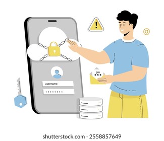 Cloud Computing Concept. Secure connection, storage and cloud technology. Man enters a pin, login, password to access storage. Vector illustration on isolated white background.	
