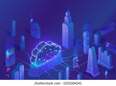 Cloud computing concept, server, smartphone, modem, tablet connected in neural network, isometric vector futuristic city with skyscrapers and people, modern blue technolodgy background