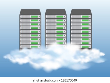 Cloud computing concept with servers in the clouds. Vector illustration