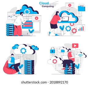 Conjunto de conceptos de computación en nube. Los ingenieros informáticos trabajan en la sala de servidores del centro de datos. La gente aisló escenas en diseño plano. Ilustración vectorial para blogs, sitio web, aplicación móvil, materiales promocionales.