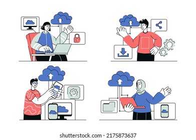 Cloud computing concept set in flat line design. Men and women use cloud storage server to backup personal information and transfer data files. Vector illustration with outline people scene for web