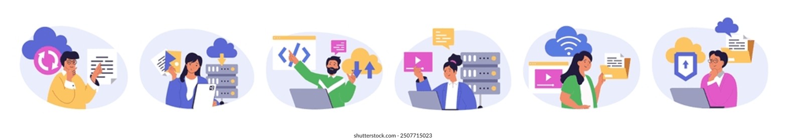 Cloud computing concept set in flat design for web. Collection with people doing online sync, working with digital files, programming, using cloud storage, sharing video content. Vector illustration.