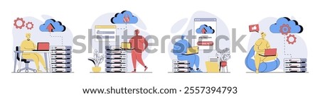 Cloud computing concept set in flat design for web. Collection with people using cloud processing, making sync and data backup with online files storage, sharing and download. Vector illustrations.