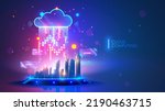 Cloud computing concept. Smart city wireless internet communication with cloud storage, cloud services. Download, upload data on server. Digital cloud over virtual Smart City on podium. Technology IOT