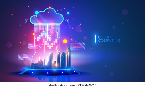 Cloud computing concept. Smart city wireless internet communication with cloud storage, cloud services. Download, upload data on server. Digital cloud over virtual Smart City on podium. Technology IOT