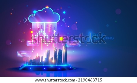 Cloud computing concept. Smart city wireless internet communication with cloud storage, cloud services. Download, upload data on server. Digital cloud over virtual Smart City on podium. Technology IOT