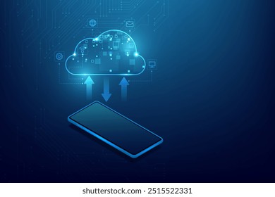 Cloud computing concept with a smartphone and cloud data icons on a blue circuit background.Abstract cloud connection technology background.	
