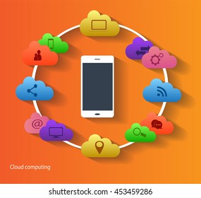 Cloud computing concept with smartphone icon, orange color