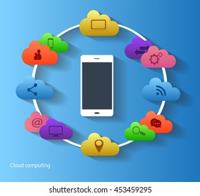 Cloud computing concept with smartphone icon, blue color