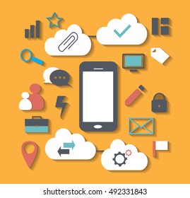 Cloud computing concept, with social media icons, flat design vector